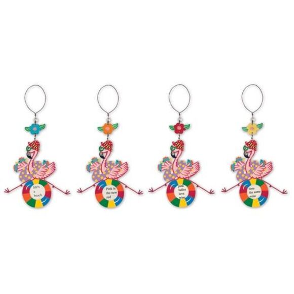Beachy Tropical Pink Flamingos Wine Bottle Charms and Magnet Set - Picture 1 of 9